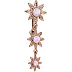 White Faux Opal Rose Gold Plated Flower Top Mount Dangle Belly Ring