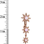 White Faux Opal Rose Gold Plated Flower Top Mount Dangle Belly Ring