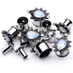 White Faux Opal Filigree Framed Double Flare Plug Set 6mm  to 12mm