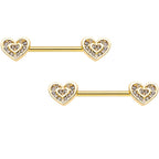 9/16 Clear Gem Gold Tone Plated Heart Barbell Nipple Ring Set