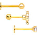 16G 1/4 Clear Gem Gold Tone Spring Cartilage Tragus Set of 3