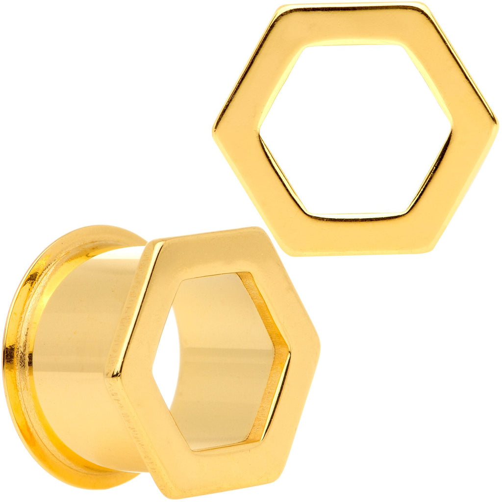 Gold Tone Geometric Hexagon Double Flare Tunnel Plug Set 3mm to 25mm