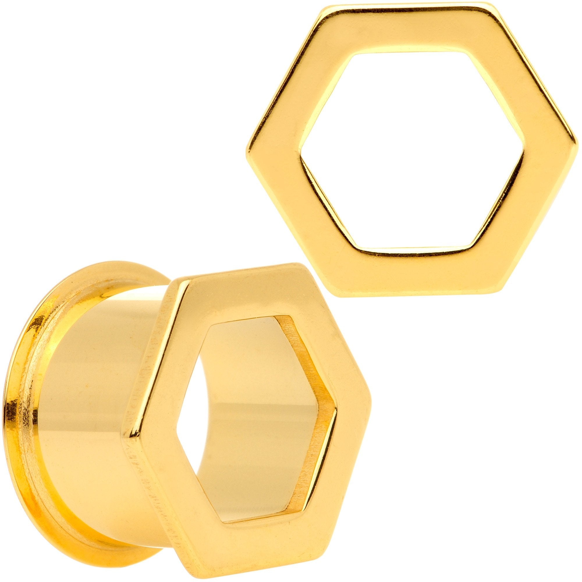Gold Tone Geometric Hexagon Double Flare Tunnel Plug Set 3mm to 25mm