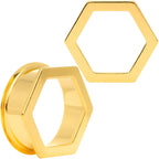 Gold Tone Geometric Hexagon Double Flare Tunnel Plug Set 3mm to 25mm