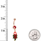Red Gem Rose Gold Tone Holiday Holly Wreath Dangle Belly Ring