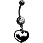 Clear Gem Black And White Cat Lover Silhouette Dangle Belly Ring