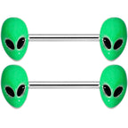 14G 9/16 Green Glow in the Dark Aliens Barbell Nipple Ring Set