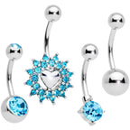 Aqua Gem Valentines Day Sunburst Heart Belly Ring Set of 4