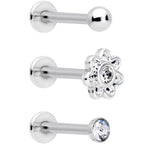 16G 5/16 Clear Gem Flower Top Labret Tragus Set of Three