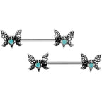 14G 9/16 Green Faux Opal Lacy Butterfly Barbell Nipple Ring Set