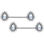 14G Clear CZ Gem White Faux Opal Tear Barbell Nipple Ring Set