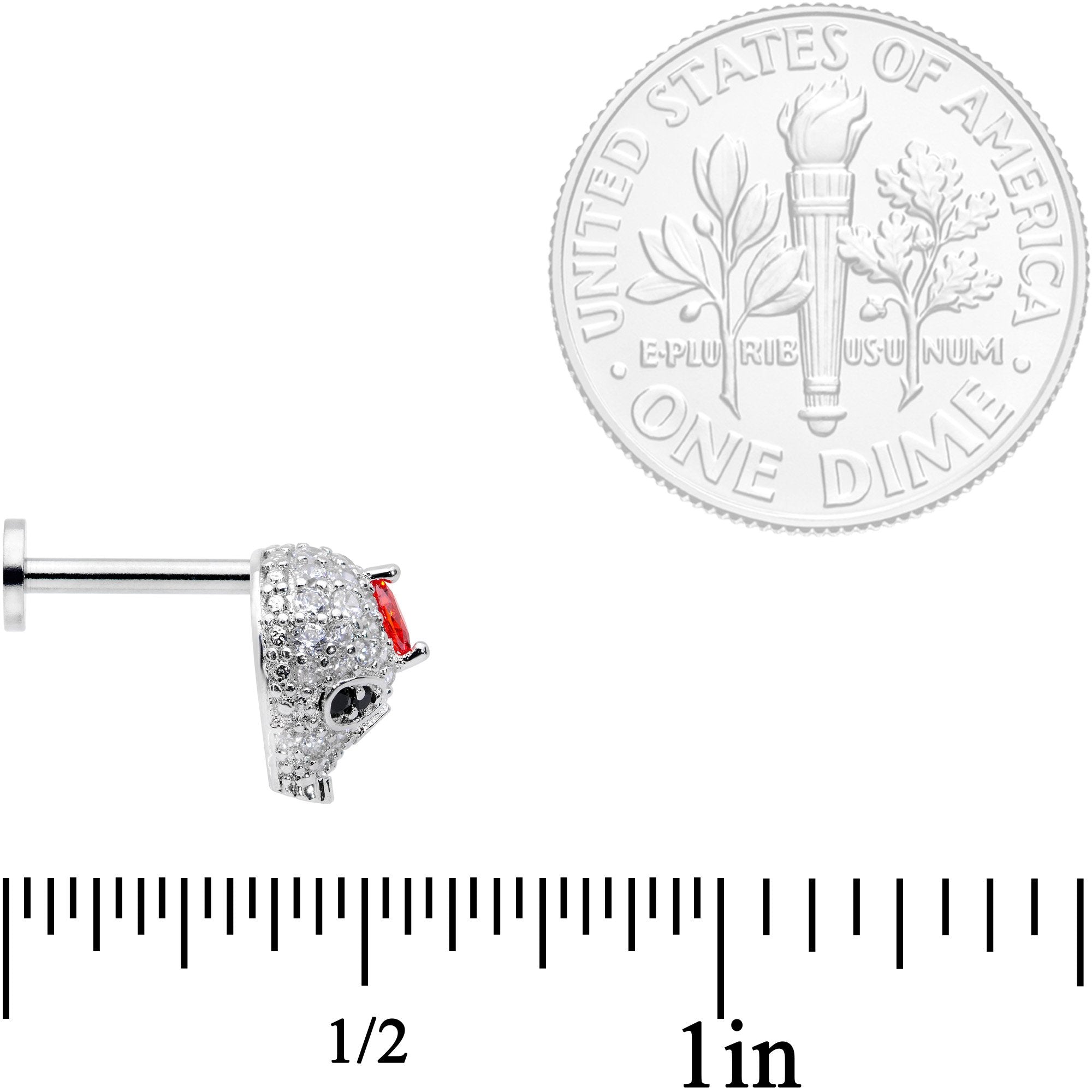 16G 5/16 Clear Red CZ Gem Punk Skull Labret Monroe Tragus