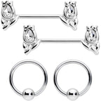 14G 7/16 1/2 Clear Gem Flowers BCR Barbell Nipple Ring Set of 4