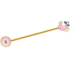 14G Clear Gem Gold Tone Pink Bird Flower Industrial Barbell 38mm
