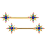 14G 9/16 Aqua Green Gem Gold Tone Star Barbell Nipple Ring Set
