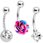 Clear Gem Multicolor Three Dimensional Flower Belly Ring Set of 3