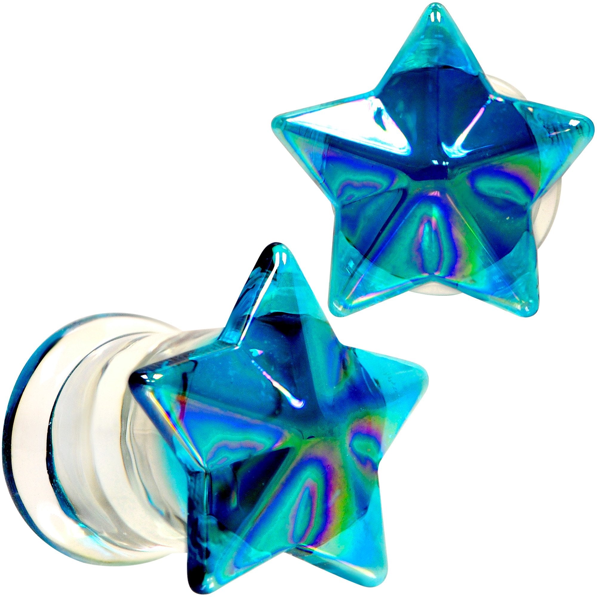 2G Blue Aurora Glass Faceted Star Double Flare Plug Set 6mm to 16mm Sizes
