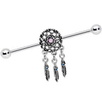 14G Pink Faux Opal Feather Dreamcatcher Dangle Industrial Barbell 38mm