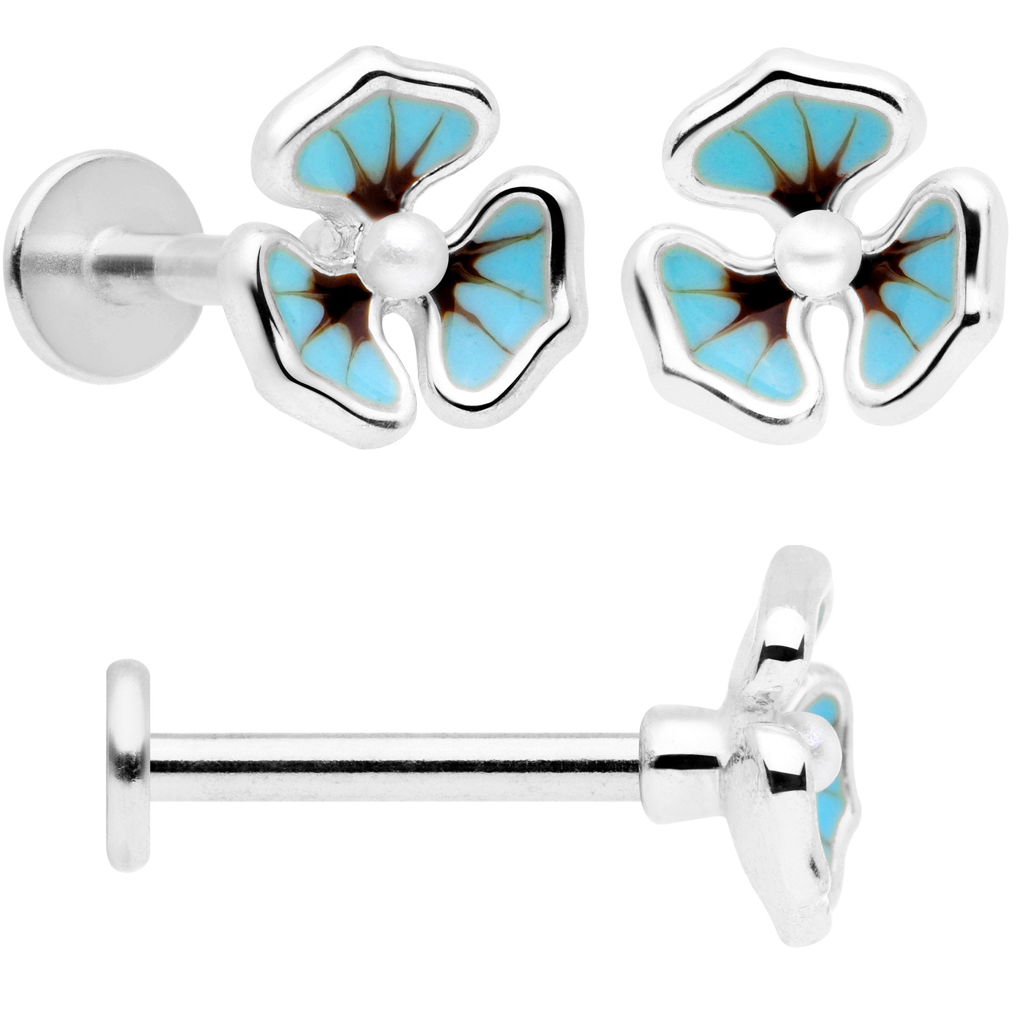 16G 5/16 Clear Gem Blue Flower Labret Monroe Tragus Set of 3