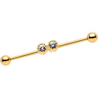 14G Clear Gem Gold Tone Double Drama Industrial Barbell 38mm