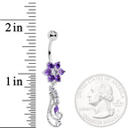 Clear Purple CZ Gem Floral Flourish Dangle Belly Ring
