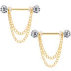 14G Clear Gem End Gold Tone Chain Dangle Nipple Ring Set