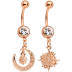 Clear Gem Rose Gold Tone Celestial Star Moon Dangle Belly Ring Set
