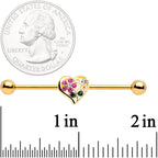 14G Clear Pink Gem Flower Heart Gold Tone Barbell Industrial