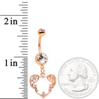 Clear CZ Gem Rose Gold Tone Scrollwork Heart Dangle Belly Ring