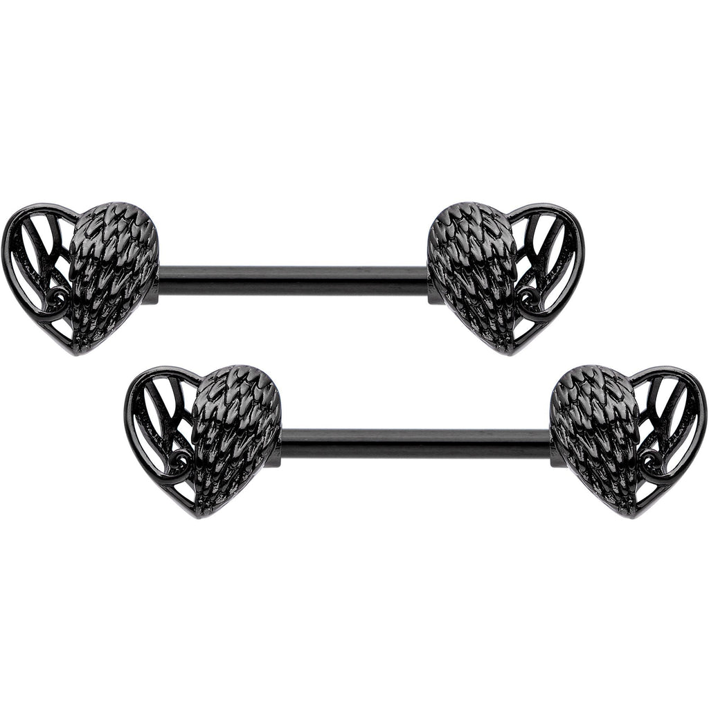 14G 9/16 Black Angels Wings Barbell Nipple Ring Set