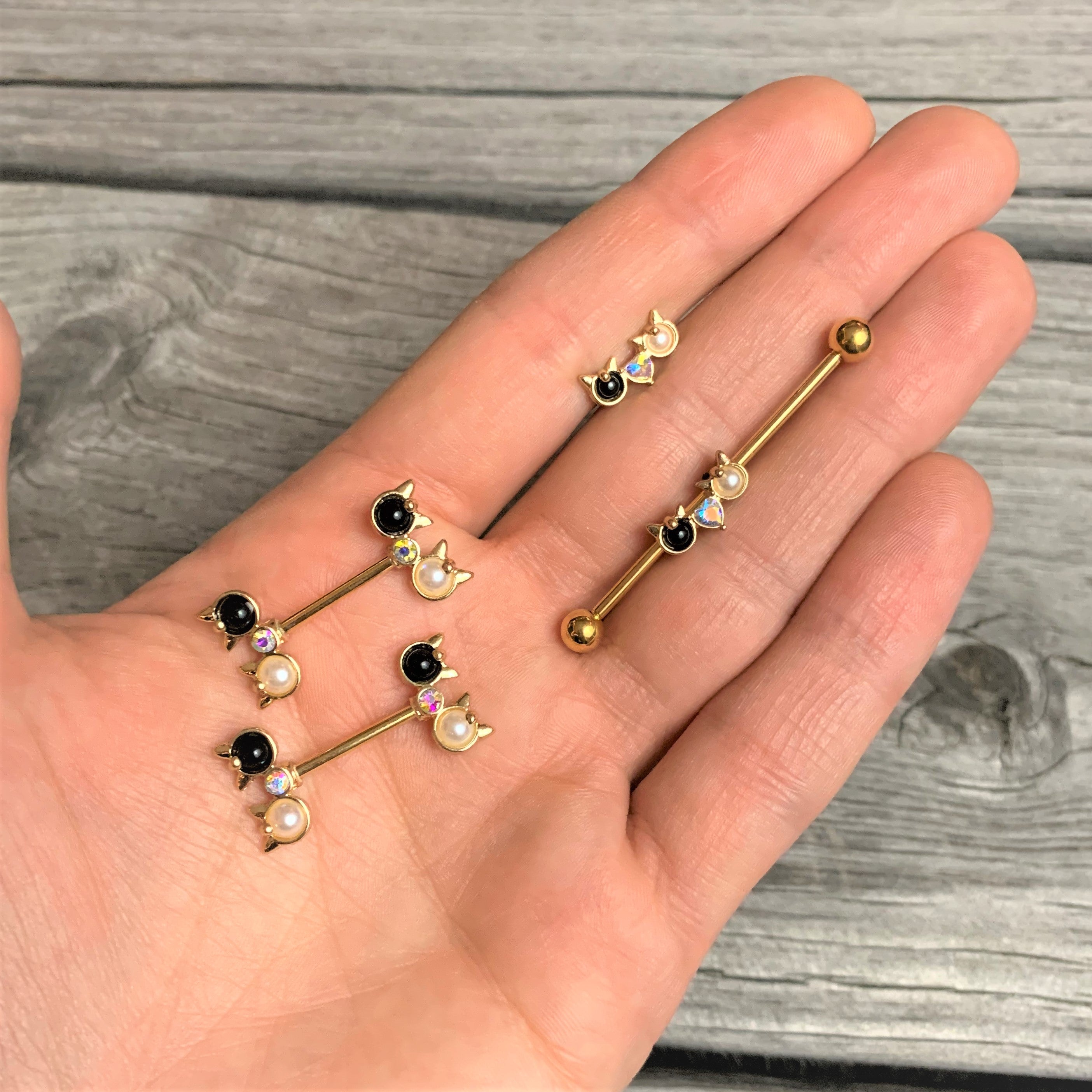 14G Black White CZ Gem Gold Tone Kitty Cat Luv Industrial Barbell 38mm