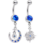 Blue Gem Compass Star Crescent Moon Dangle Belly Ring Set of 2