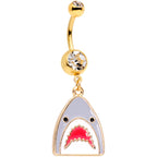 Clear Gem Gold Tone Shark Attack Dangle Belly Ring