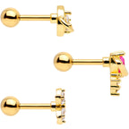 16G 1/4 Clear CZ Gem Gold Tone Moon Cartilage Tragus Set of 3