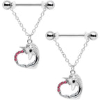 14G 5/8 Pink Gem Unicorn Heart Dangle Barbell Nipple Ring Set