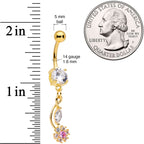 Clear Pink CZ Gem Gold Tone Twist Flower Dangle Belly Ring