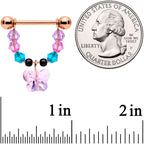 14G Pink Gem Rose Gold Tone Butterfly Dangle Nipple Ring Set