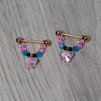 14G Pink Gem Rose Gold Tone Butterfly Dangle Nipple Ring Set