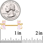 14G 9/16 White Faux Opal Gold Tone Cat Barbell Nipple Ring Set