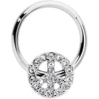 16G 3/8 Clear Gem Retro Peace Sign Hinged Segment Ring