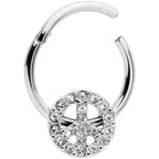 16G 3/8 Clear Gem Retro Peace Sign Hinged Segment Ring