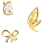 16G 5/16 Clear CZ Gem Gold Tone Bow Cartilage Tragus Set of 3