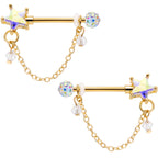 14G 5/8 Aurora Gem Gold Tone Star Chain Dangle Nipple Ring Set