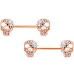 14G Clear Gem Rose Gold Tone Star Skull Barbell Nipple Ring Set