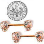 14G Clear Gem Rose Gold Tone Star Skull Barbell Nipple Ring Set