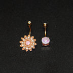 Clear Gem White Faux Opal Rose Gold Tone Flower Belly Ring Set of 2