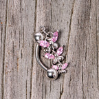 Pink Gem Band of Butterflies Top Mount Dangle Belly Ring