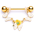 14G 5/8 Green Gem Gold Tone Butterfly Dangle Nipple Ring Set