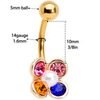 Pink Blue Yellow Gem Gold Tone Flower Belly Ring