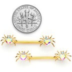 14G 9/16 Aurora Gem Gold Tone Heart Spider Barbell Nipple Ring Set